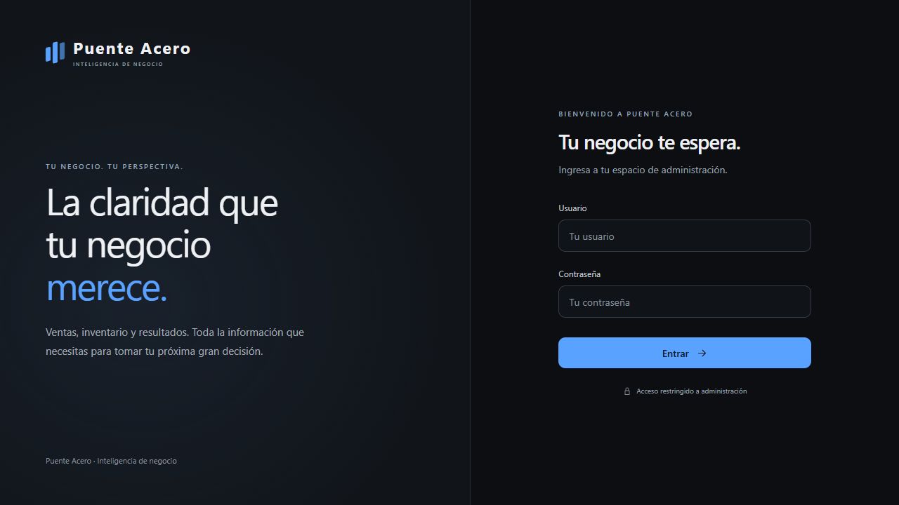 Pantalla pública de acceso al sistema de inteligencia de negocio Puente Acero